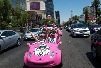 Touring the city in these pink Hog Cars!